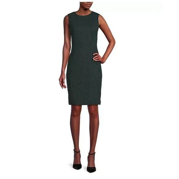 Calvin Klein Malachite Plaid Print Black Bottled Green Midi Sheath Dress - Picture 1 of 15